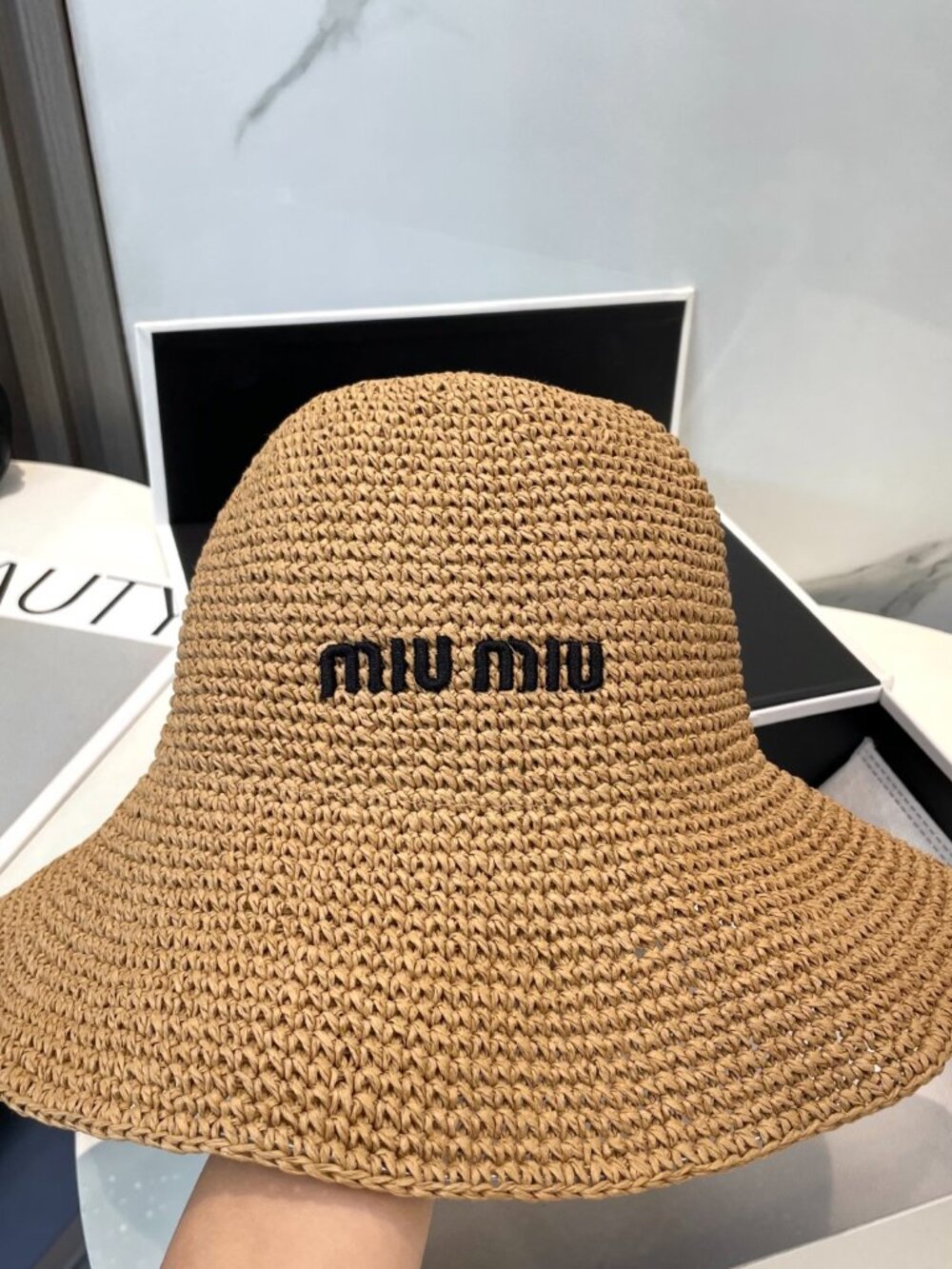 Miu‑Miu Embroidered Logo Straw Bucket Hat Summer Vacation Beach Sun Hat - Picture 8 of 8